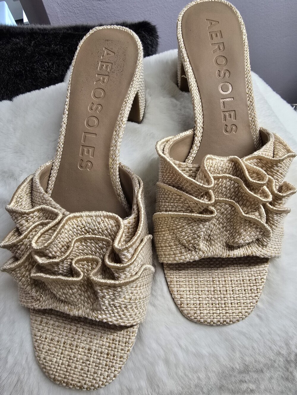 AEROSOLES "Gabrielle" Heeled Neutral Beige Ruffle Slides